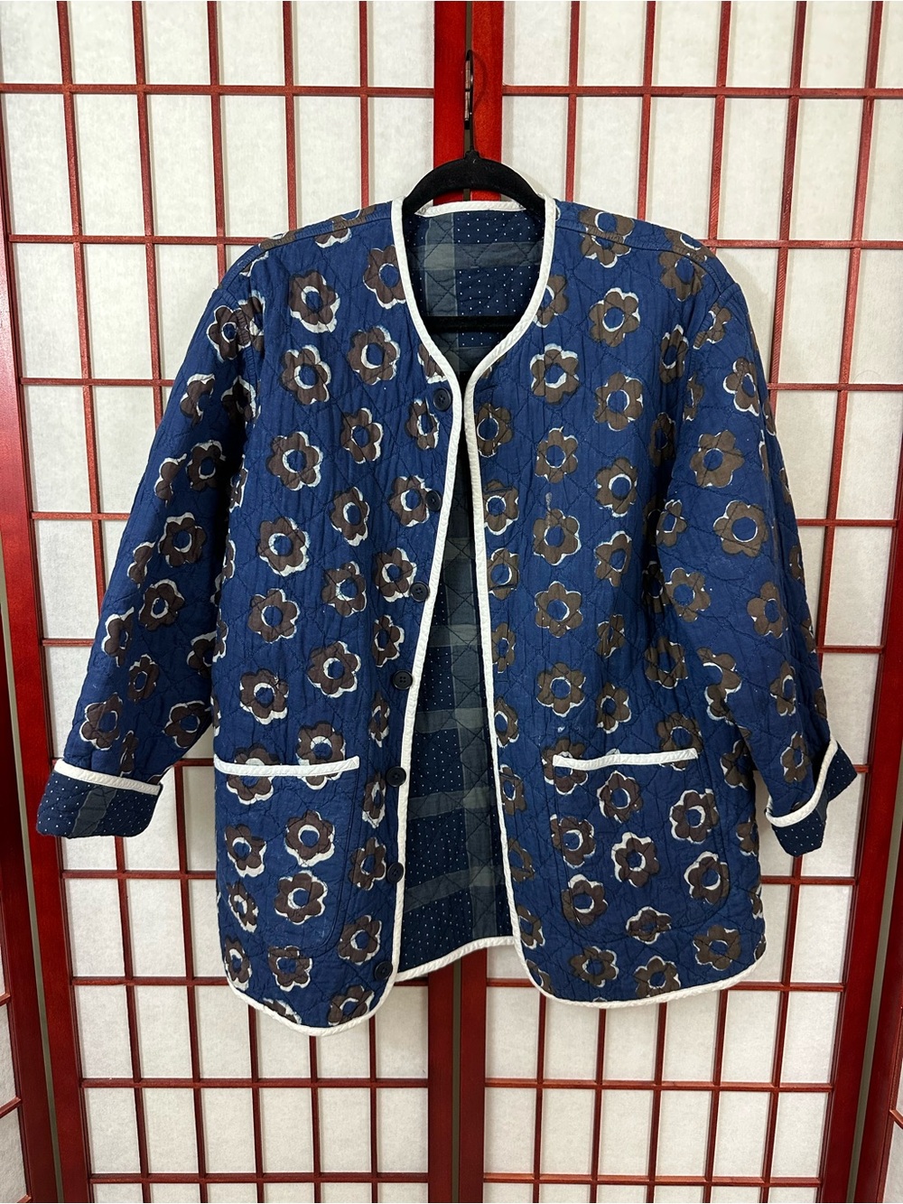 Christy Dawn The Lou Lou Reversible Jacket Blue Floral Quilted Plaid Cotton